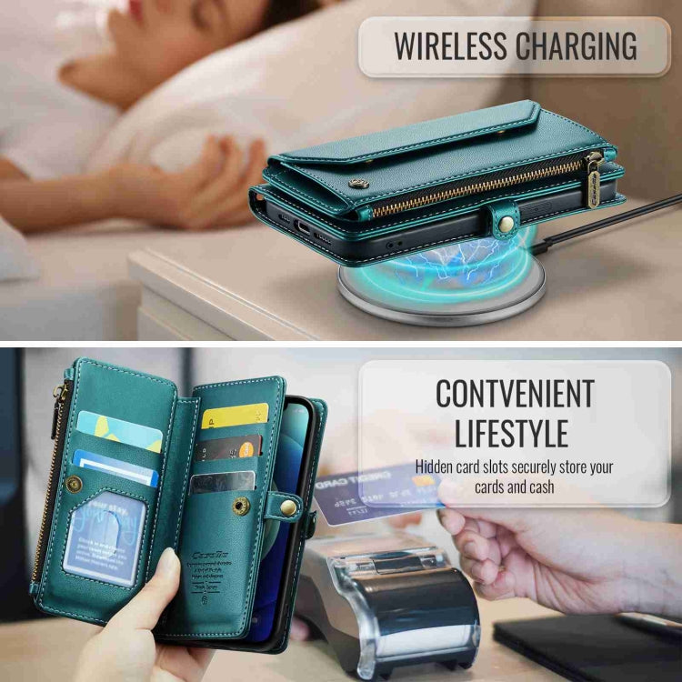 For iPhone 12 CaseMe C36 Card Slots Zipper Wallet RFID Anti-theft Leather Phone Case(Blue-green) - HoMEdemic™ 