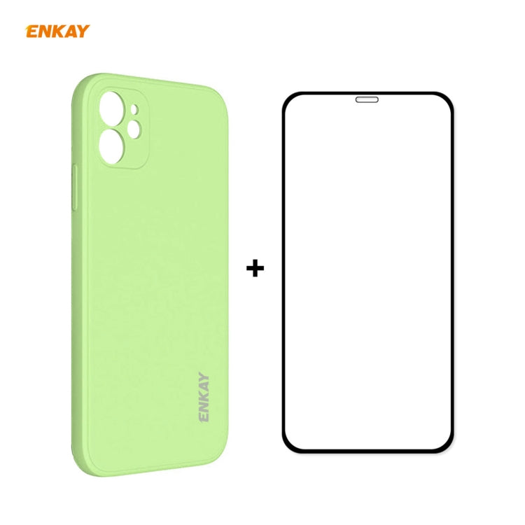 For iPhone 12 Hat-Prince ENKAY ENK-PC0682 Liquid Silicone Straight Edge Shockproof Case + 0.26mm 9H 2.5D Full Glue Tempered Glass Film(Light Green) - HoMEdemic™ 