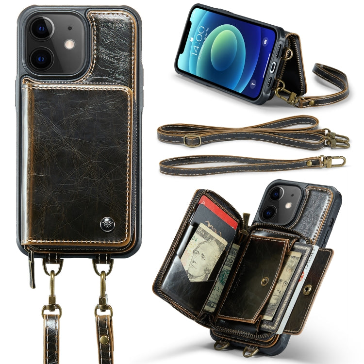 For iPhone 12 JEEHOOD C22 Series Zipper Wallet Leather Phone Case with Dual Lanyard(Coffee) - HoMEdemic™ 