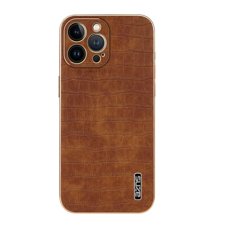 For iPhone 12 Pro AZNS Electroplated Frame Crocodile Texture Full Coverage Phone Case(Brown) - HoMEdemic™ 