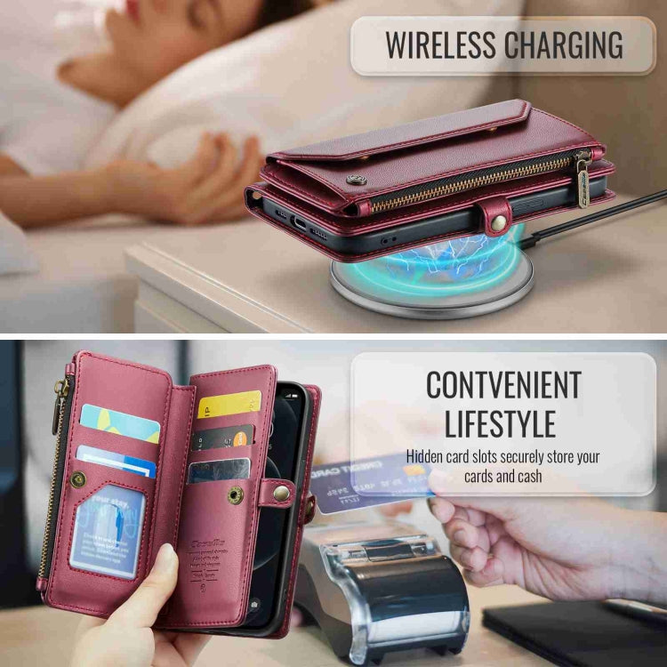 For iPhone 12 Pro CaseMe C36 Card Slots Zipper Wallet RFID Anti-theft Leather Phone Case(Wine Red) - HoMEdemic™ 