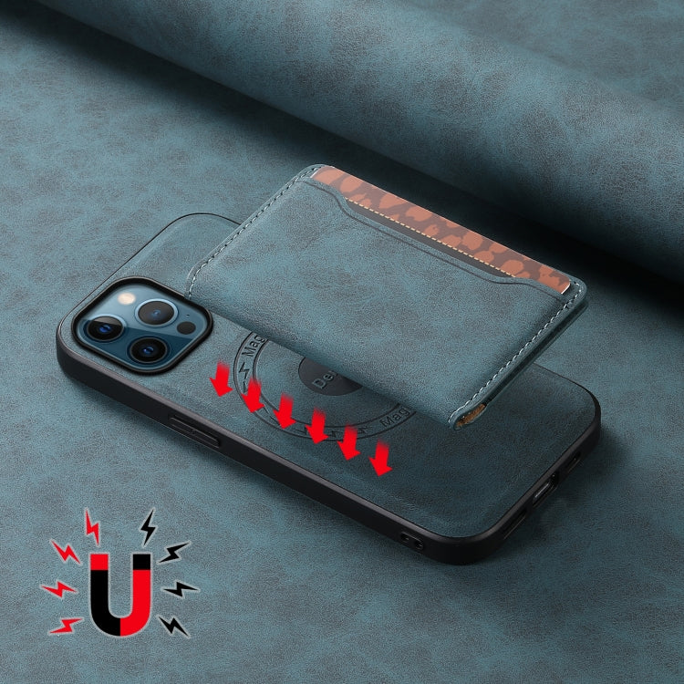 For iPhone 12 Pro Denior D13 Retro Texture Leather MagSafe Card Bag Phone Case(Blue) - HoMEdemic™ 