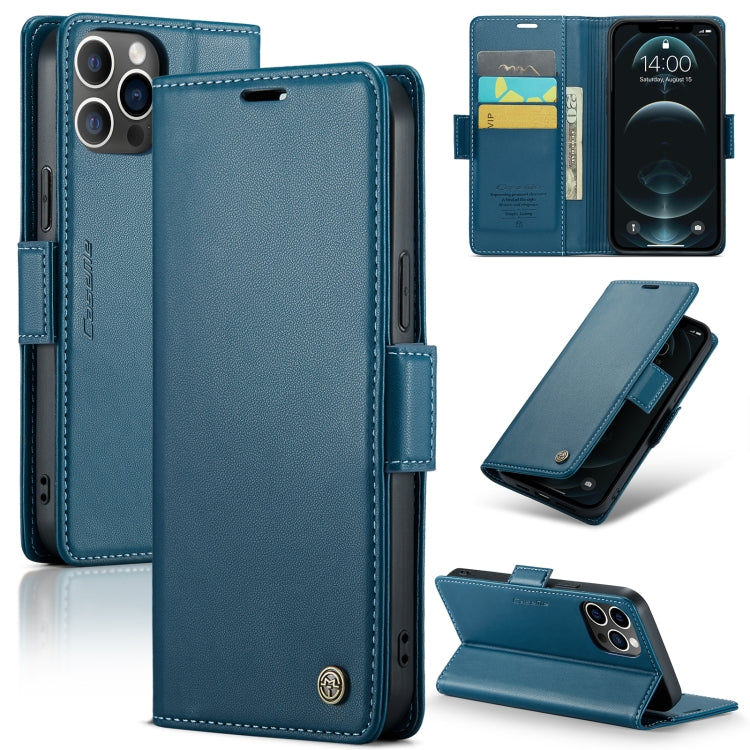 For iPhone 12 Pro Max CaseMe 023 Butterfly Buckle Litchi Texture RFID Anti-theft Leather Phone Case(Blue) - HoMEdemic™ 