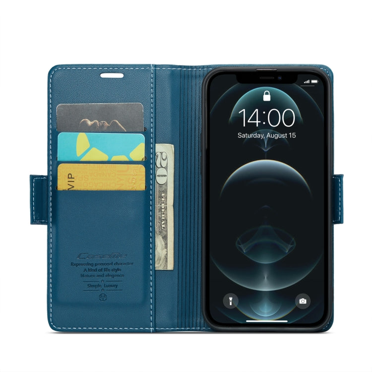 For iPhone 12 Pro Max CaseMe 023 Butterfly Buckle Litchi Texture RFID Anti-theft Leather Phone Case(Blue) - HoMEdemic™ 