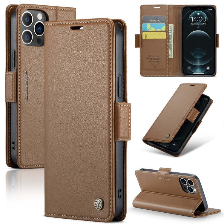 For iPhone 12 Pro Max CaseMe 023 Butterfly Buckle Litchi Texture RFID Anti-theft Leather Phone Case(Brown) - HoMEdemic™ 