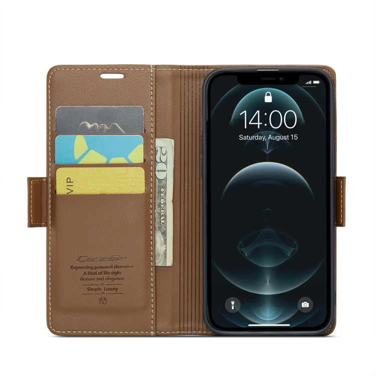 For iPhone 12 Pro Max CaseMe 023 Butterfly Buckle Litchi Texture RFID Anti-theft Leather Phone Case(Brown) - HoMEdemic™ 