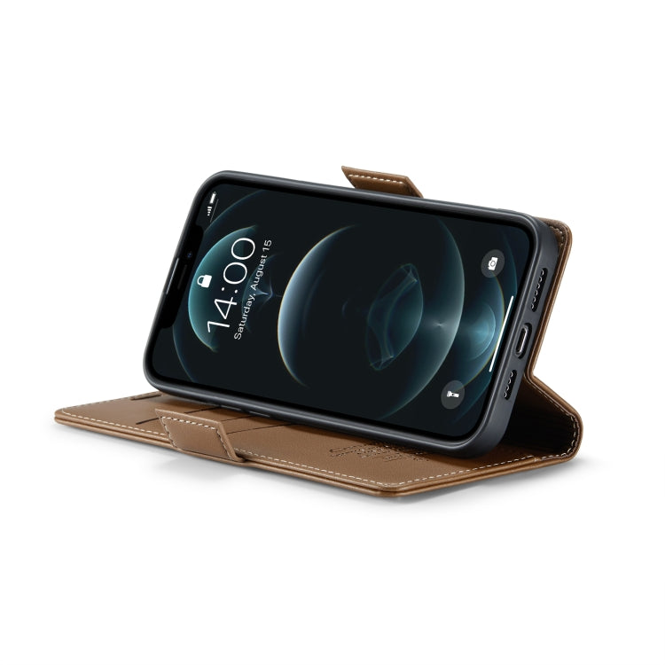 For iPhone 12 Pro Max CaseMe 023 Butterfly Buckle Litchi Texture RFID Anti-theft Leather Phone Case(Brown) - HoMEdemic™ 