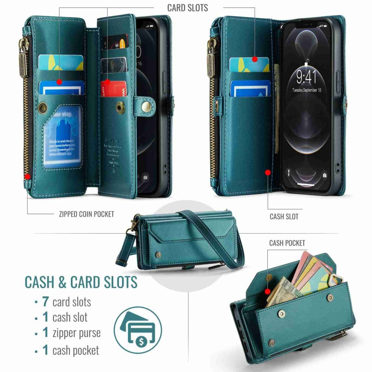 For iPhone 12 Pro Max CaseMe C36 Card Slots Zipper Wallet RFID Anti-theft Leather Phone Case(Blue-green) - HoMEdemic™ 