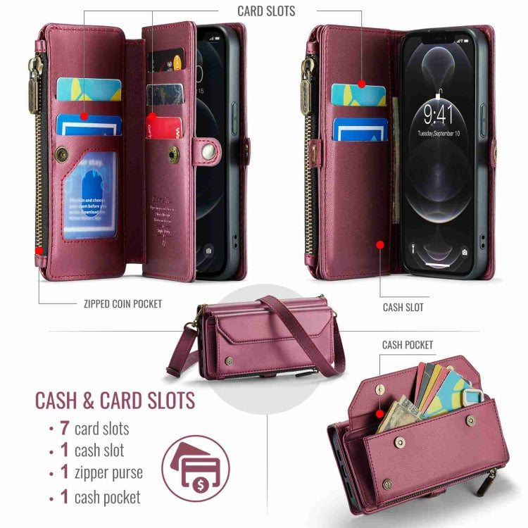 For iPhone 12 Pro Max CaseMe C36 Card Slots Zipper Wallet RFID Anti-theft Leather Phone Case(Wine Red) - HoMEdemic™ 