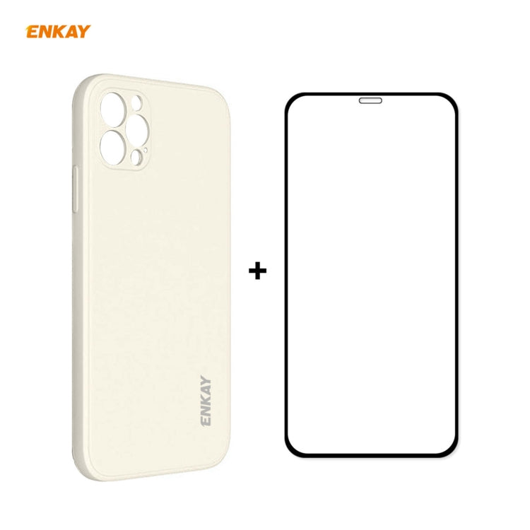 For iPhone 12 Pro Max Hat-Prince ENKAY ENK-PC0702 Liquid Silicone Straight Edge Shockproof Case + 0.26mm 9H 2.5D Full Glue Tempered Glass Film(Beige) - HoMEdemic™ 