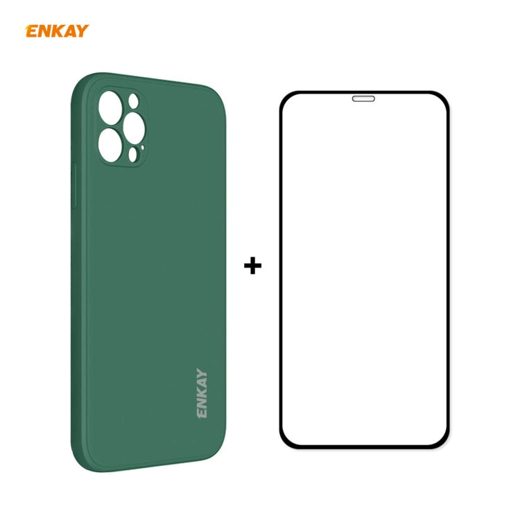 For iPhone 12 Pro Max Hat-Prince ENKAY ENK-PC0702 Liquid Silicone Straight Edge Shockproof Case + 0.26mm 9H 2.5D Full Glue Tempered Glass Film(Dark Green) - HoMEdemic™ 