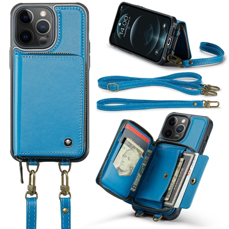 For iPhone 12 Pro Max JEEHOOD C22 Series Zipper Wallet Leather Phone Case with Dual Lanyard(Blue) - HoMEdemic™ 