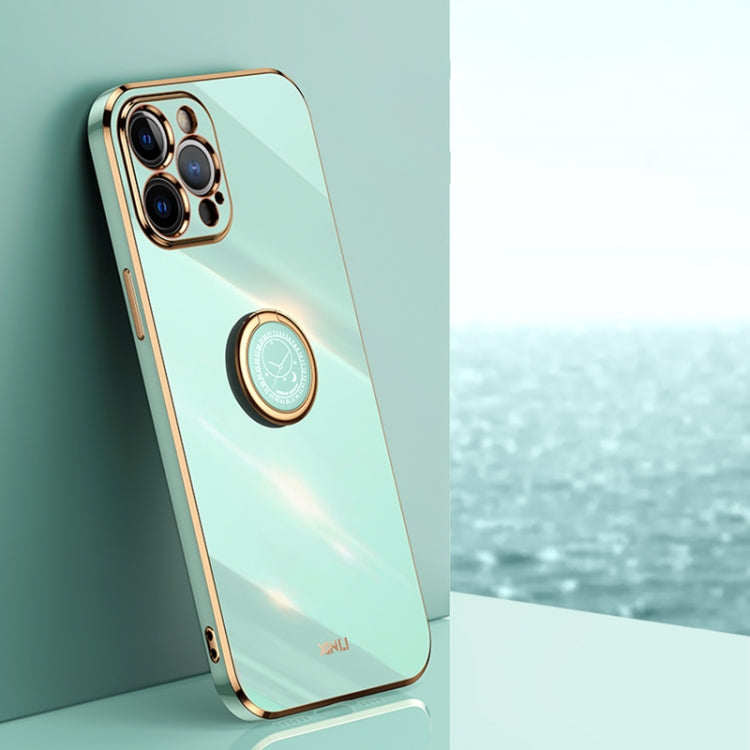For iPhone 12 Pro XINLI Straight Edge 6D Electroplate TPU Phone Case with Ring Holder(Mint Green) - HoMEdemic™ 