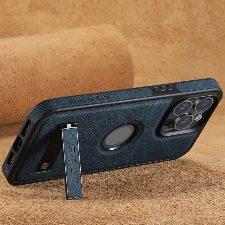 For iPhone 12 Suteni G2 Magsafe Litchi Texture Leather Back Phone Case with Holder(Blue) - HoMEdemic™ 