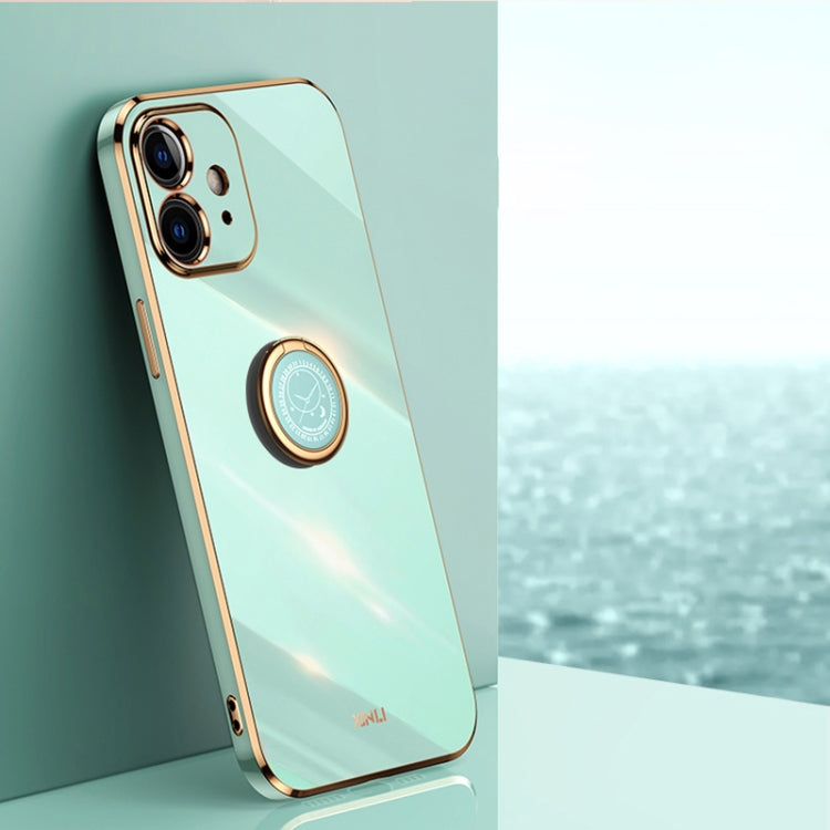 For iPhone 12 XINLI Straight Edge 6D Electroplate TPU Phone Case with Ring Holder(Mint Green) - HoMEdemic™ 