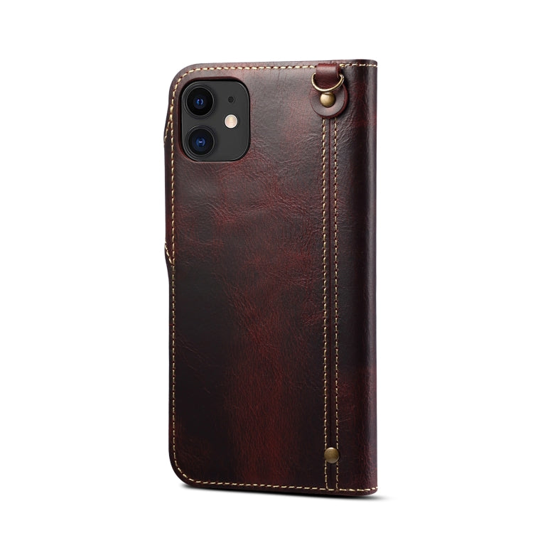 For iPhone 12 mini Denior Oil Wax Cowhide Magnetic Button Genuine Leather Case(Dark Red) - HoMEdemic™ 
