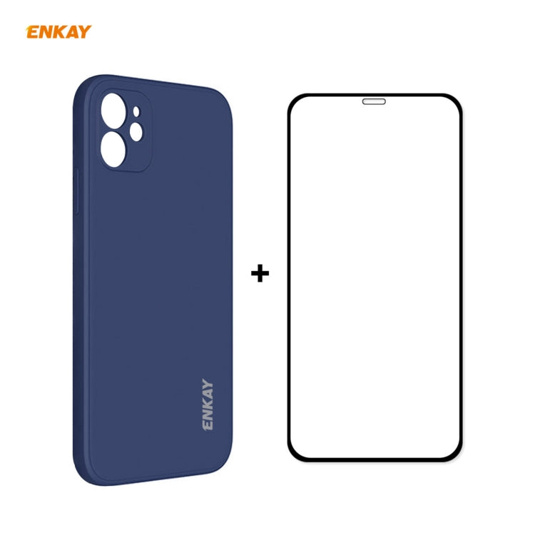 For iPhone 12 mini Hat-Prince ENKAY ENK-PC0672 Liquid Silicone Straight Edge Shockproof Case + 0.26mm 9H 2.5D Full Glue Tempered Glass Film(Dark Blue) - HoMEdemic™ 