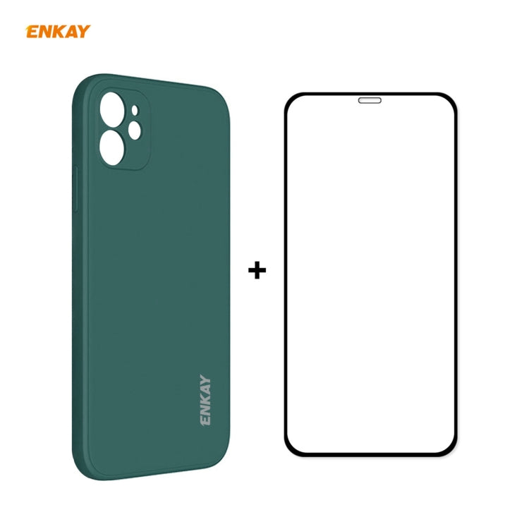 For iPhone 12 mini Hat-Prince ENKAY ENK-PC0672 Liquid Silicone Straight Edge Shockproof Case + 0.26mm 9H 2.5D Full Glue Tempered Glass Film(Dark Green) - HoMEdemic™ 