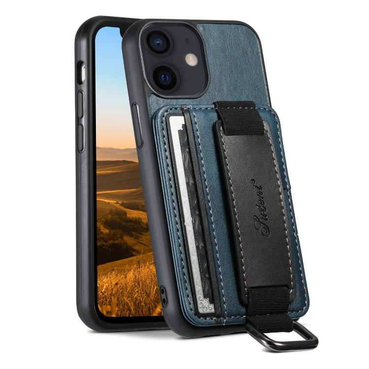 For iPhone 12 mini Suteni H13 Card Wallet Wrist Strap Holder PU Phone Case(Blue) - HoMEdemic™ 