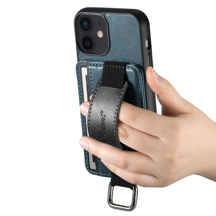 For iPhone 12 mini Suteni H13 Card Wallet Wrist Strap Holder PU Phone Case(Blue) - HoMEdemic™ 
