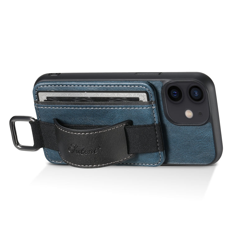 For iPhone 12 mini Suteni H13 Card Wallet Wrist Strap Holder PU Phone Case(Blue) - HoMEdemic™ 