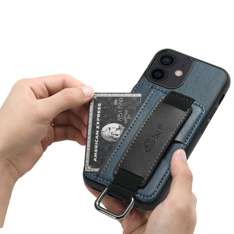 For iPhone 12 mini Suteni H13 Card Wallet Wrist Strap Holder PU Phone Case(Blue) - HoMEdemic™ 