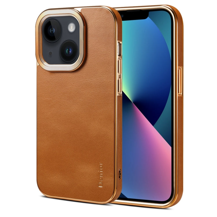 For iPhone 13 Denior Cowhide Leather Plating Phone Case(Khaki) - HoMEdemic™ 