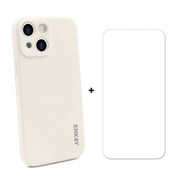 For iPhone 13 ENKAY Liquid Silicone Shockproof Case with 9H Tempered Glass Film(Beige) - HoMEdemic™ 