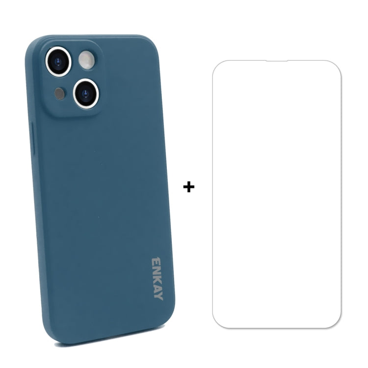 For iPhone 13 ENKAY Liquid Silicone Shockproof Case with 9H Tempered Glass Film(Dark Blue) - HoMEdemic™ 