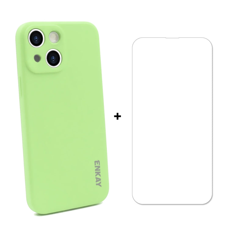 For iPhone 13 ENKAY Liquid Silicone Shockproof Case with 9H Tempered Glass Film(Light Green) - HoMEdemic™ 