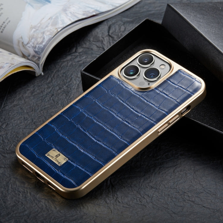 For iPhone 13 Fierre Shann Crocodile Texture Electroplating PU Phone Case(Blue) - HoMEdemic™ 
