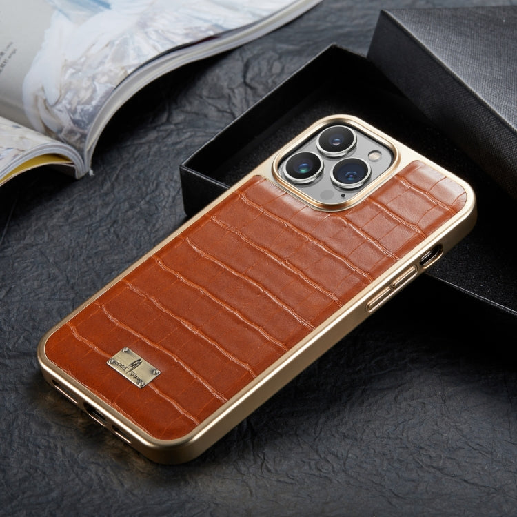 For iPhone 13 Fierre Shann Crocodile Texture Electroplating PU Phone Case(Brown) - HoMEdemic™ 