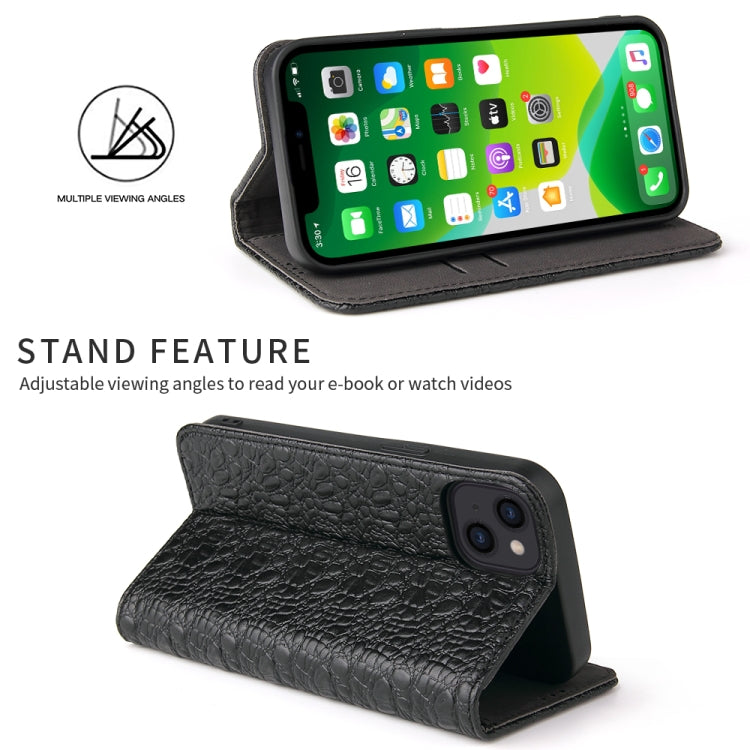 For iPhone 13 Fierre Shann Crocodile Texture Magnetic Horizontal Flip Genuine Leather Case with Holder & Card Slot(Black) - HoMEdemic™ 