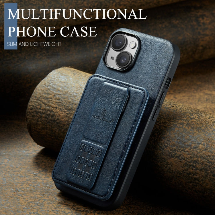 For iPhone 13 Fierre Shann Oil Wax Cow Leather Card Holder Back Phone Case(Blue) - HoMEdemic™ 