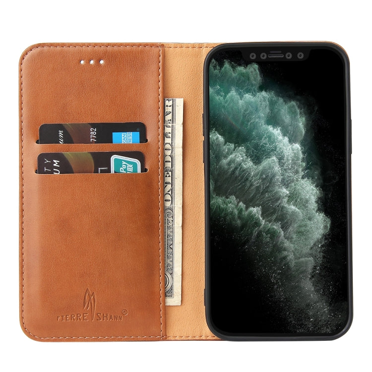 For iPhone 13 Fierre Shann PU Leather Texture Horizontal Flip Leather Case with Holder & Card Slots & Wallet(Brown) - HoMEdemic™ 