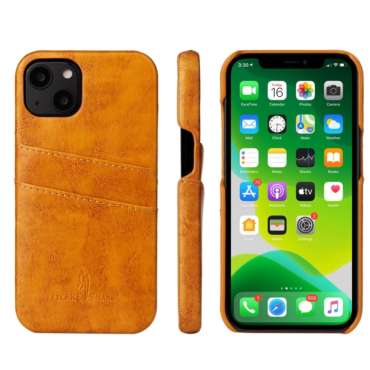 For iPhone 13 Fierre Shann Retro Oil Wax Texture PU Leather Case with Card Slots(Yellow) - HoMEdemic™ 