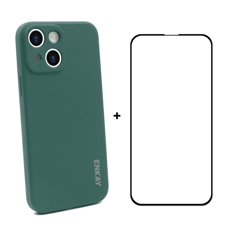 For iPhone 13 Hat-Prince ENKAY Liquid Silicone Shockproof Protective Case Drop Protection Cover + Full Coverage Tempered Glass Protector Film(Dark Green) - HoMEdemic™ 
