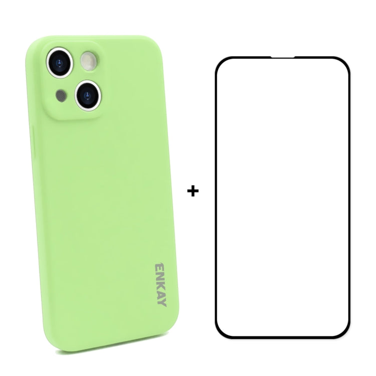 For iPhone 13 Hat-Prince ENKAY Liquid Silicone Shockproof Protective Case Drop Protection Cover + Full Coverage Tempered Glass Protector Film(Light Green) - HoMEdemic™ 