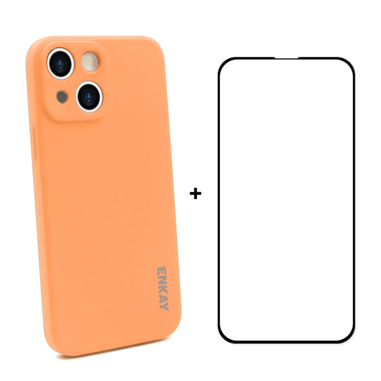 For iPhone 13 Hat-Prince ENKAY Liquid Silicone Shockproof Protective Case Drop Protection Cover + Full Coverage Tempered Glass Protector Film(Orange) - HoMEdemic™ 