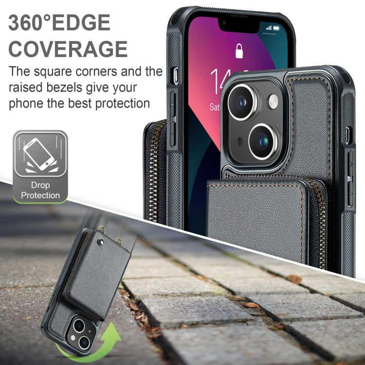 For iPhone 13 JEEHOOD C22 Series Zipper Wallet Leather Phone Case with Dual Lanyard(Black) - HoMEdemic™ 