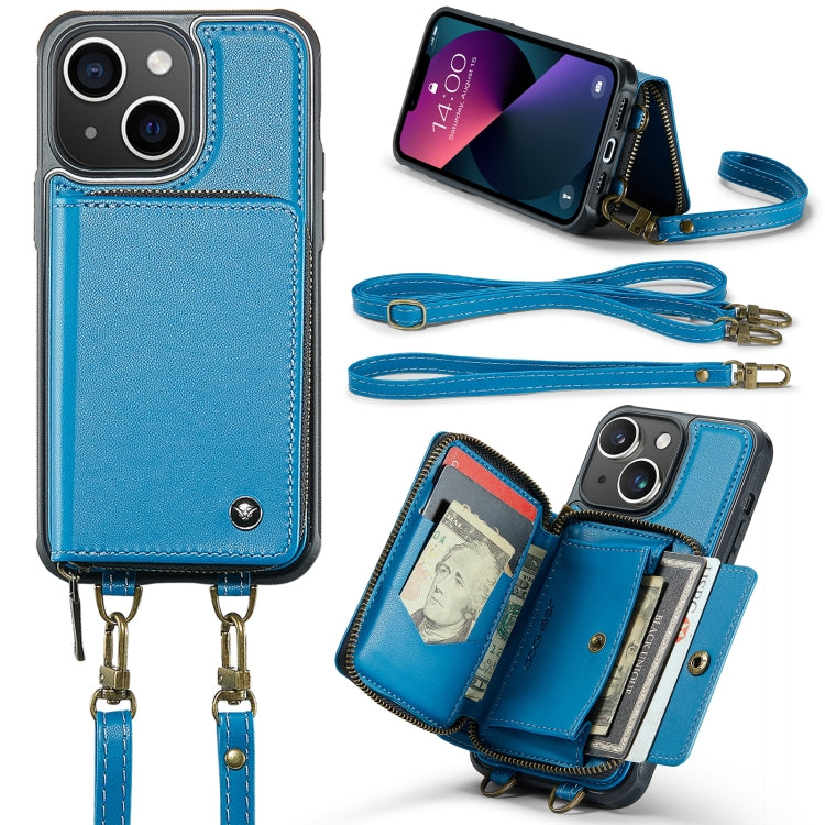For iPhone 13 JEEHOOD C22 Series Zipper Wallet Leather Phone Case with Dual Lanyard(Blue) - HoMEdemic™ 