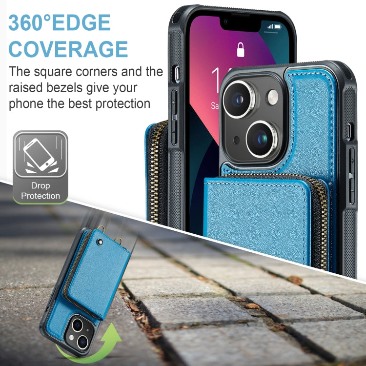 For iPhone 13 JEEHOOD C22 Series Zipper Wallet Leather Phone Case with Dual Lanyard(Blue) - HoMEdemic™ 