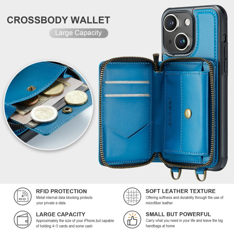 For iPhone 13 JEEHOOD C22 Series Zipper Wallet Leather Phone Case with Dual Lanyard(Blue) - HoMEdemic™ 