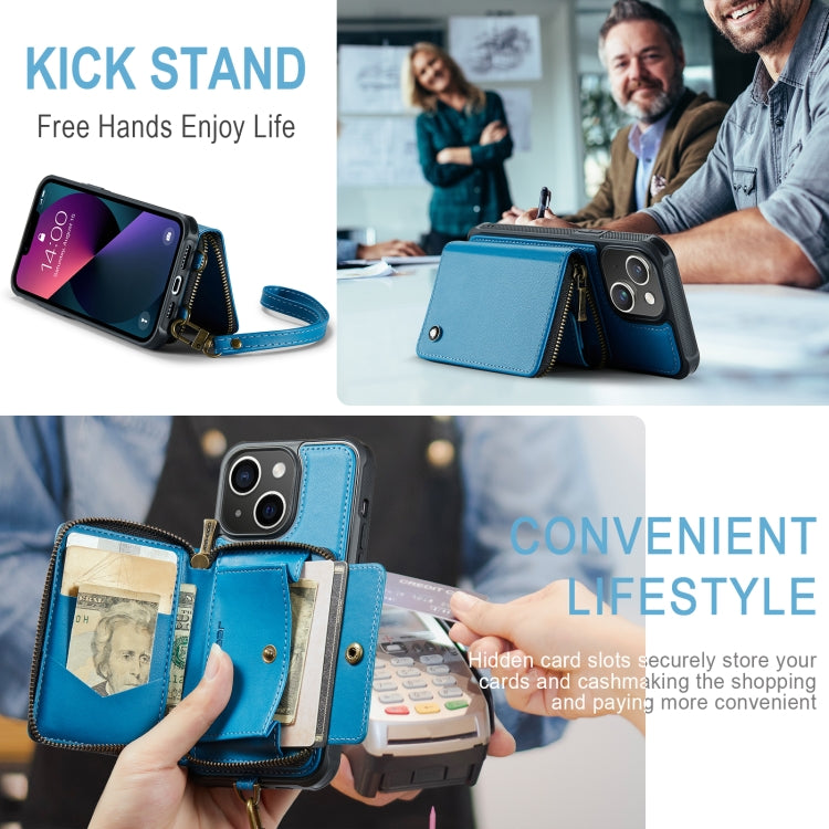 For iPhone 13 JEEHOOD C22 Series Zipper Wallet Leather Phone Case with Dual Lanyard(Blue) - HoMEdemic™ 