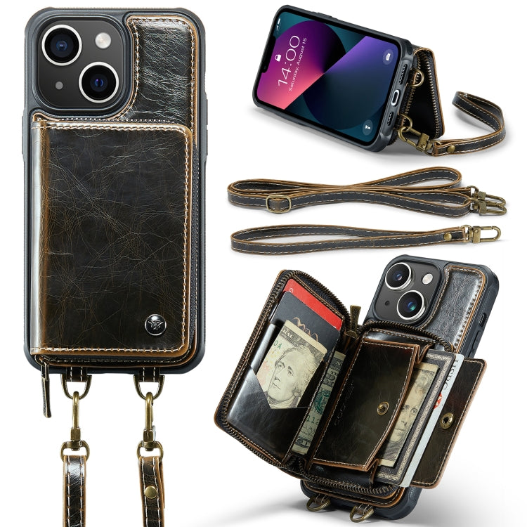 For iPhone 13 JEEHOOD C22 Series Zipper Wallet Leather Phone Case with Dual Lanyard(Coffee) - HoMEdemic™ 