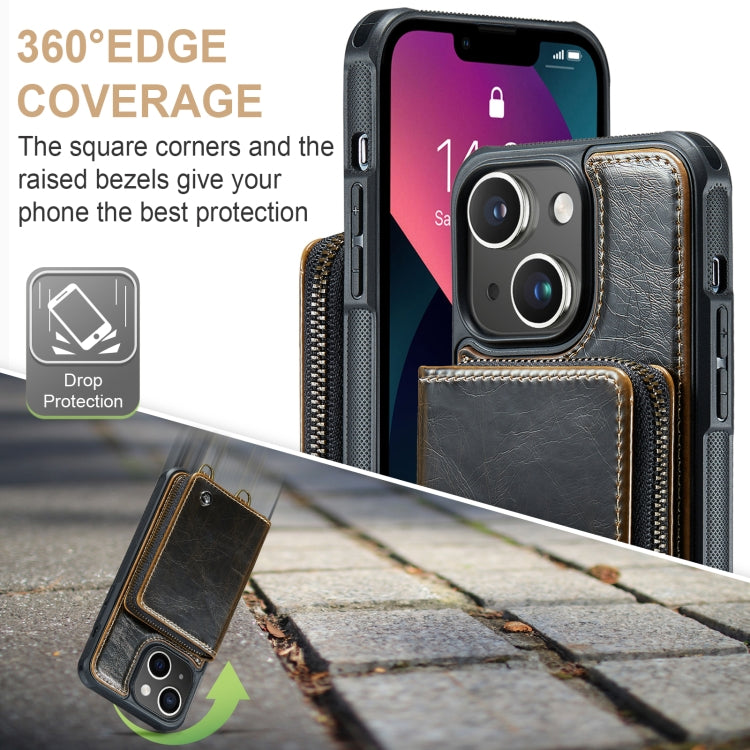 For iPhone 13 JEEHOOD C22 Series Zipper Wallet Leather Phone Case with Dual Lanyard(Coffee) - HoMEdemic™ 