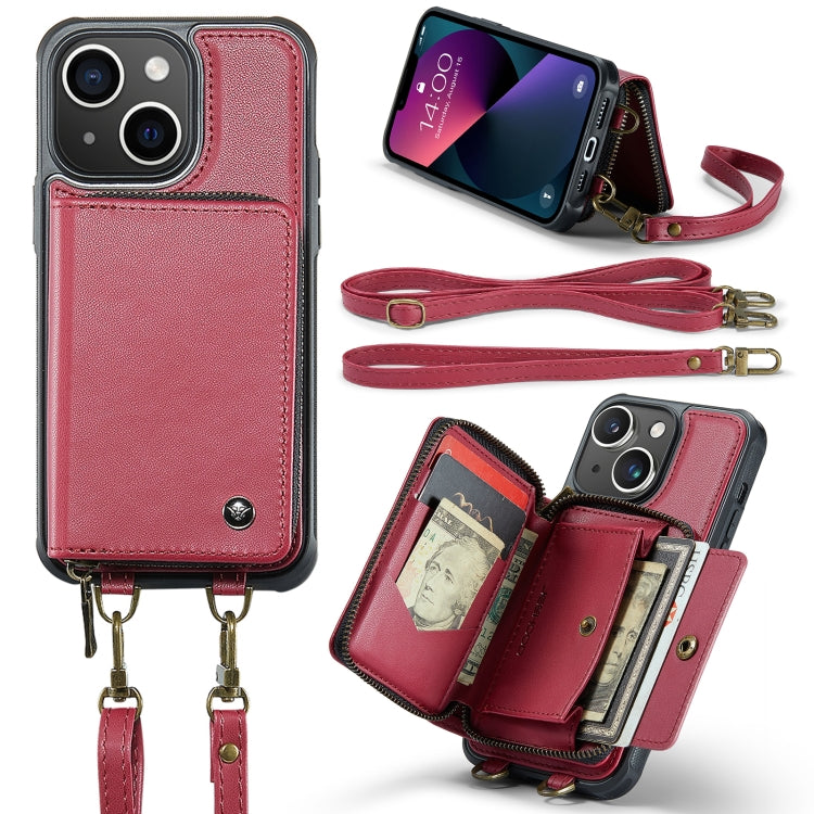 For iPhone 13 JEEHOOD C22 Series Zipper Wallet Leather Phone Case with Dual Lanyard(Red) - HoMEdemic™ 