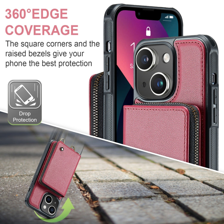 For iPhone 13 JEEHOOD C22 Series Zipper Wallet Leather Phone Case with Dual Lanyard(Red) - HoMEdemic™ 