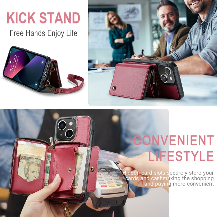 For iPhone 13 JEEHOOD C22 Series Zipper Wallet Leather Phone Case with Dual Lanyard(Red) - HoMEdemic™ 