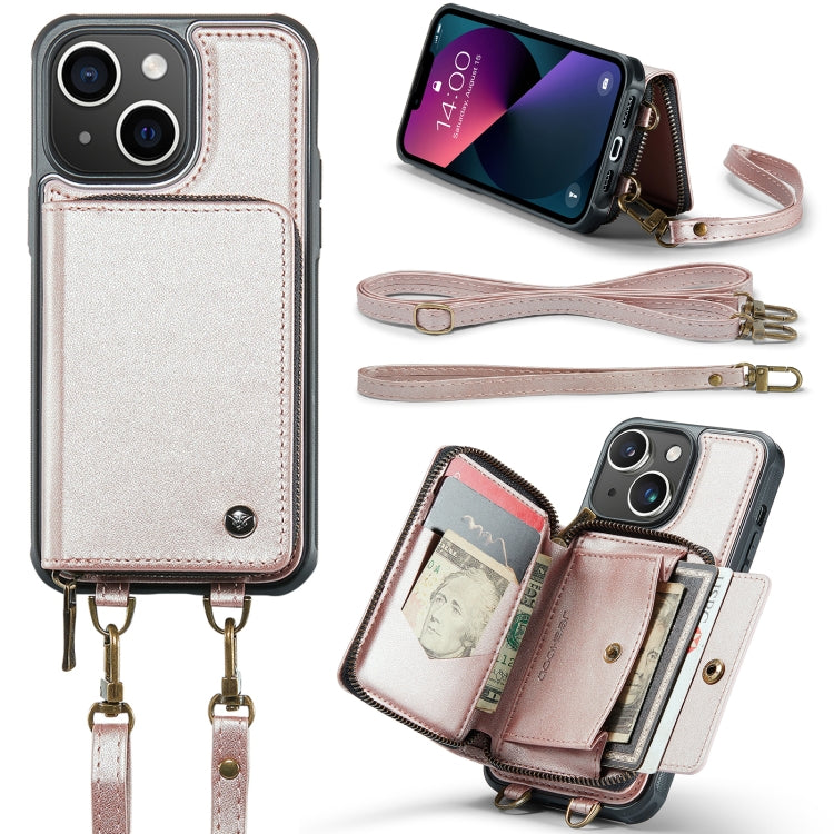 For iPhone 13 JEEHOOD C22 Series Zipper Wallet Leather Phone Case with Dual Lanyard(Rose Gold) - HoMEdemic™ 